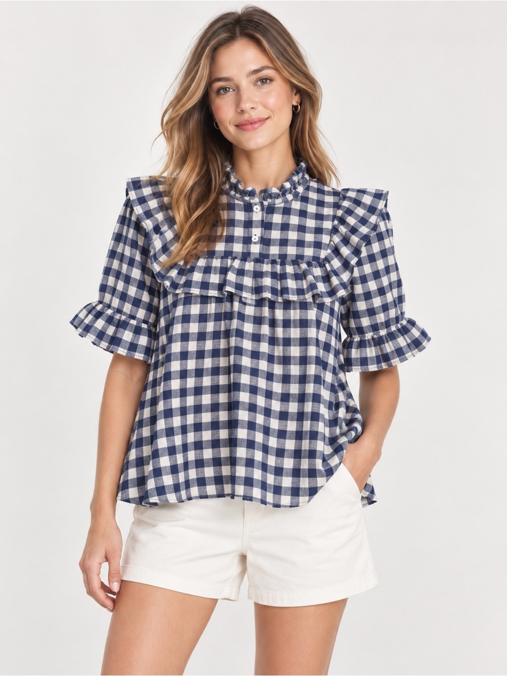 Zara Navy & White Gingham Ruffle Yoke Blouse